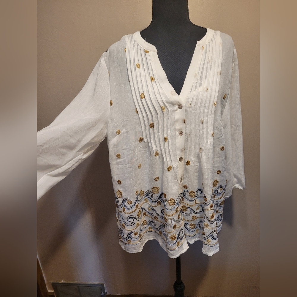Figueroa & Flower Womens Emroidered Floral 3/4 Sleeve  Blouse Top Large